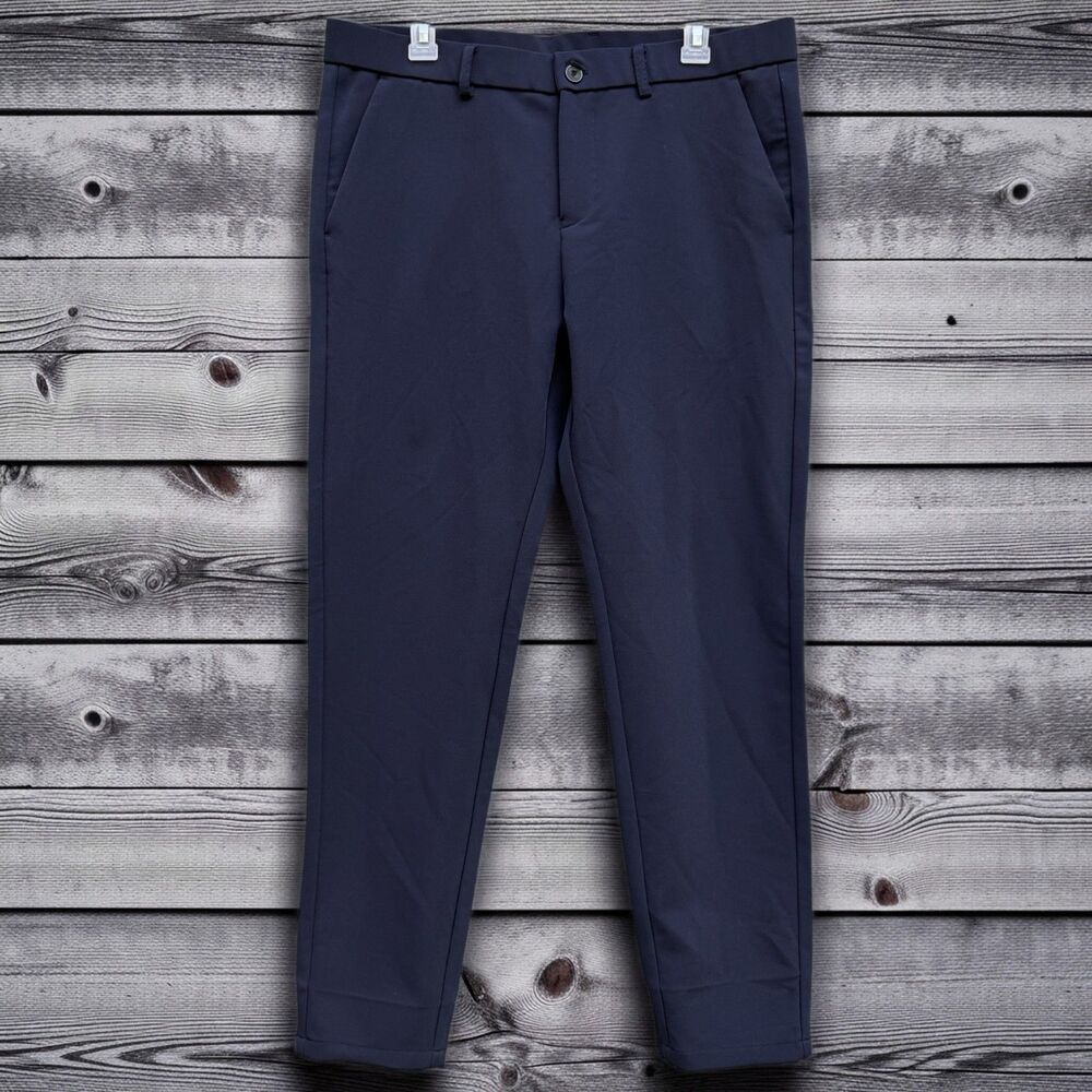 Plaid & Plain 34w Slim Fit Men Navy Blue Stretch Commute Work Golf Dress Pants